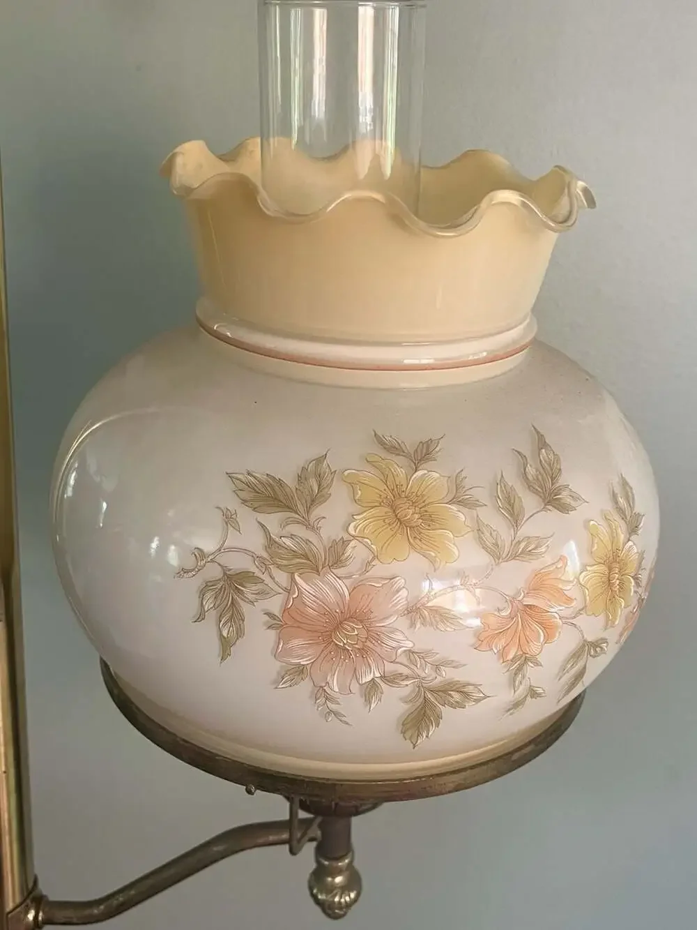 Vintage 3-Light Brass Floor Lamp with Floral Hurricane Glass Shades